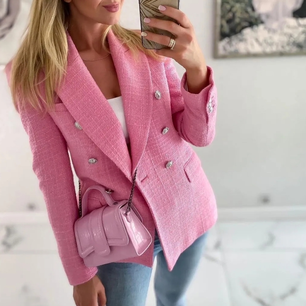 Zara Textured Tweed  Double Breasted  Blazer pink size S - Picture 3 of 17